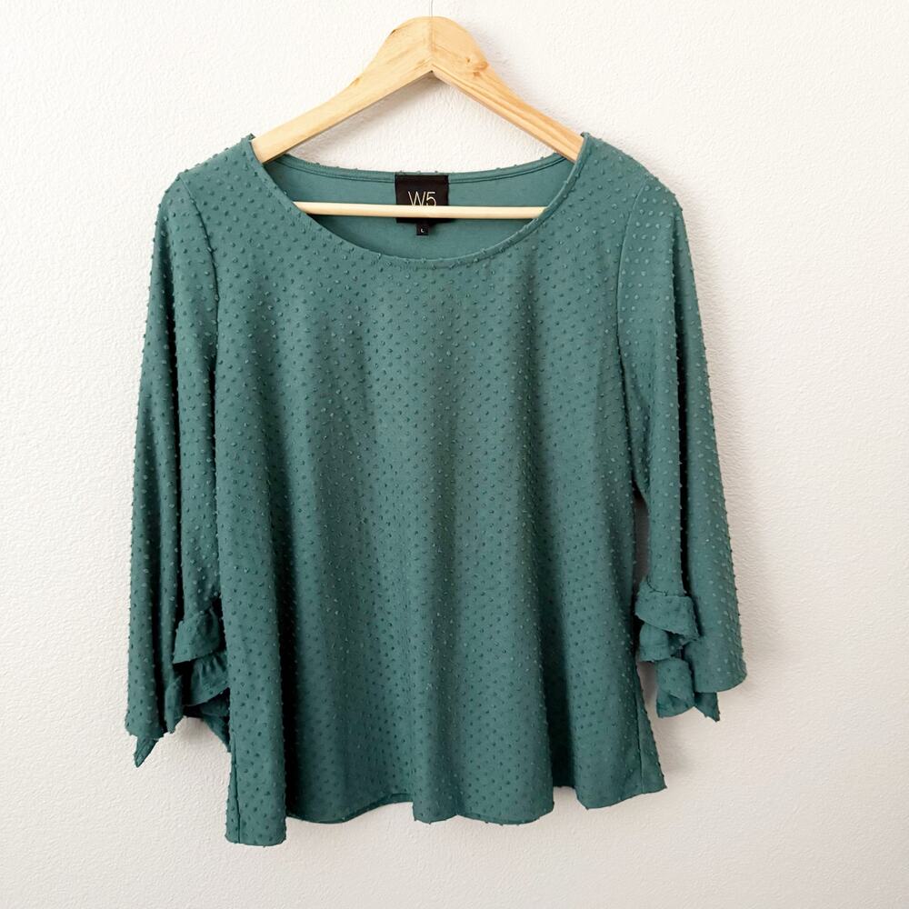 W5 x ANTHROPOLOGIE | Dot Textured Green Ruffle Short Sleeve Swiss Top | Large